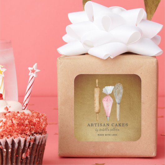 ベーカーベーカリーパティシシェフ金ゴールド製品ラベル スクエアシール (パーティー)