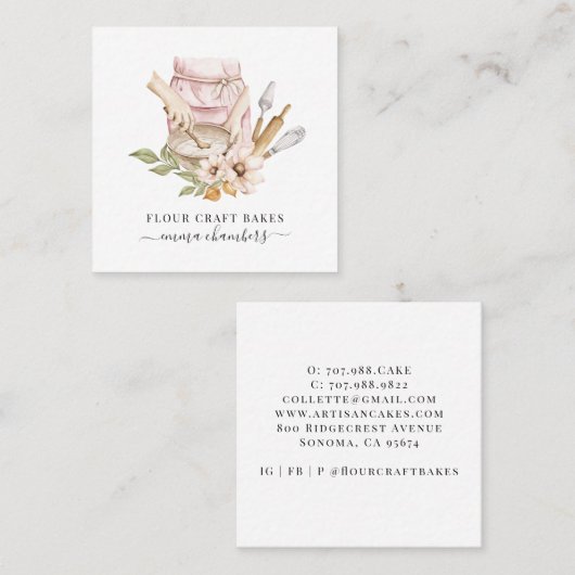 ベーカー菓子シェフウォーターカラーベーカーズツールベーカリー スクエア名刺 (正面/裏面)