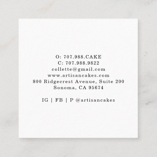 ベーカー菓子シェフウォーターカラーベーキングツールケーキ スクエア名刺 (裏面)