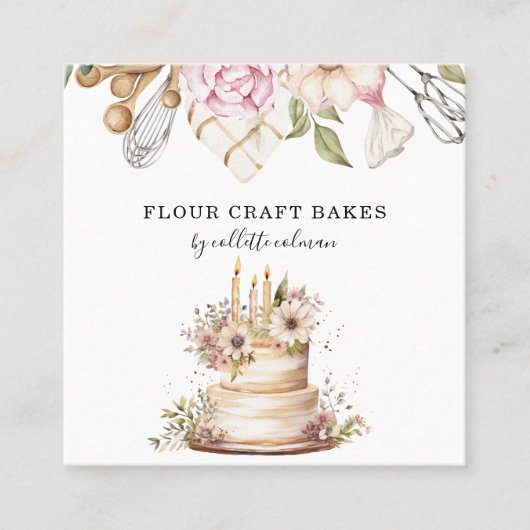 ベーカー菓子シェフウォーターカラーベーキングツールケーキ スクエア名刺 (正面)