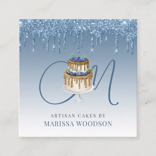 ベーカー菓子シェフエレガントケーキブルーグリッタードリップ スクエア名刺 (正面)