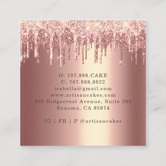 ベーカー菓子シェフグリッタードリップバラ金ゴールドケーキ スクエア名刺 (裏面)