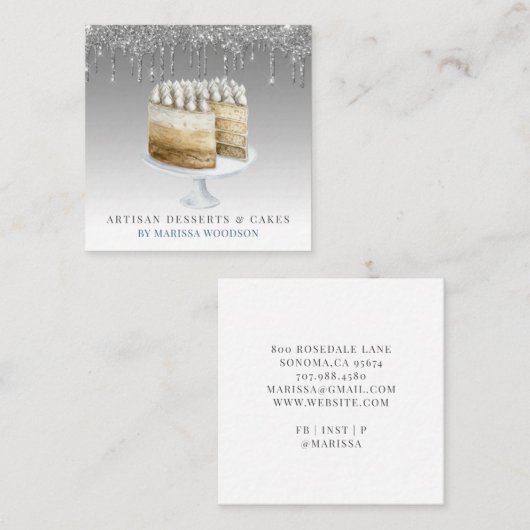 ベーカー菓子シェフケーキシルバーグリッタードリップ スクエア名刺 (正面/裏面)