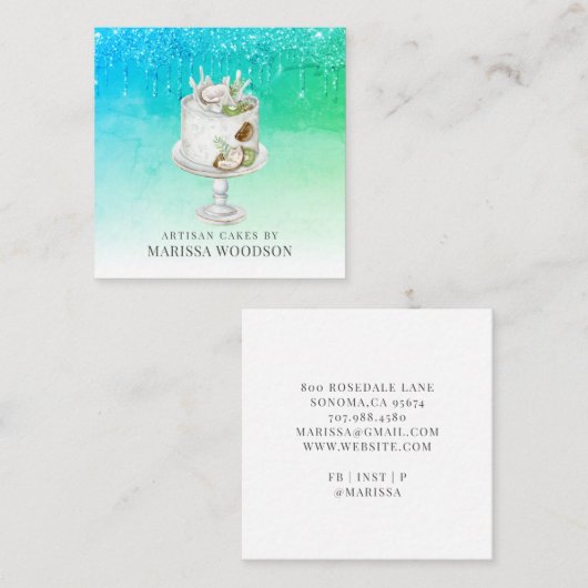ベーカー菓子シェフケーキブルーグリーングリッタードリップスSq スクエア名刺 (正面/裏面)