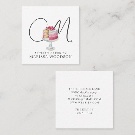 ベーカー菓子シェフピンクエレガントケーキモノグラムの スクエア名刺 (正面/裏面)