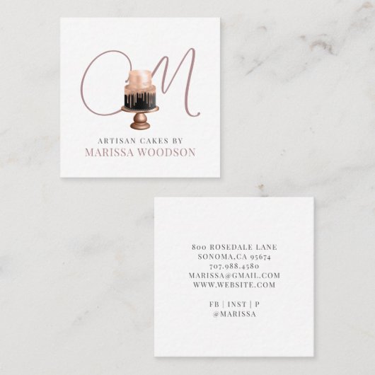 ベーカー菓子シェフピンクエレガントケーキ スクエア名刺 (正面/裏面)