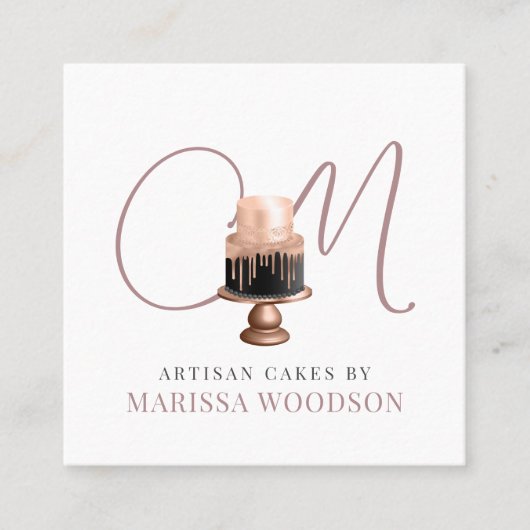 ベーカー菓子シェフピンクエレガントケーキ スクエア名刺 (正面)