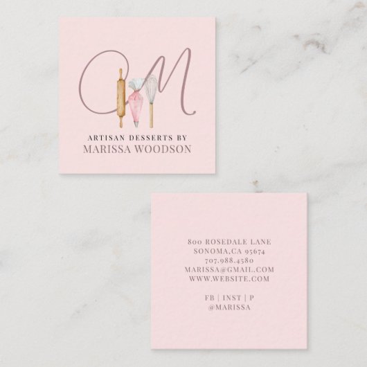 ベーカー菓子シェフピンクベーカーズツール スクエア名刺 (正面/裏面)
