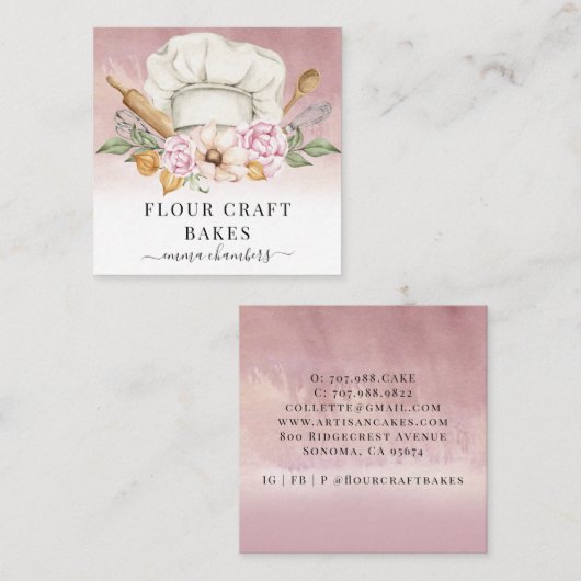 ベーカー菓子シェフベーカーズツールほこりっぽいピンク スクエア名刺 (正面/裏面)