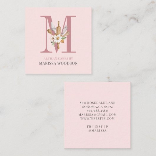ベーカー菓子シェフベーカーズツールピンク スクエア名刺 (正面/裏面)