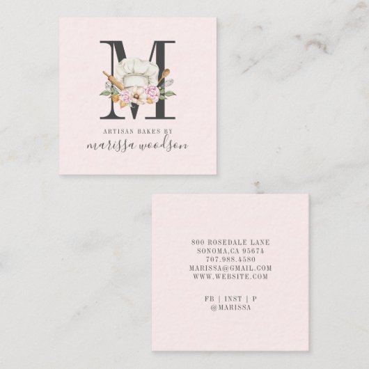 ベーカー菓子シェフベーカーズツールモノグラムのピンクS スクエア名刺 (正面/裏面)