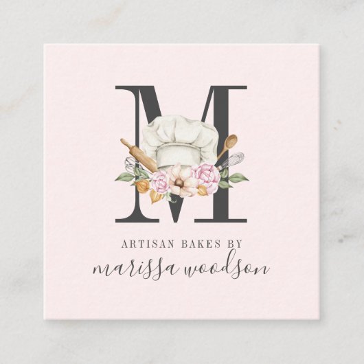 ベーカー菓子シェフベーカーズツールモノグラムのピンクS スクエア名刺 (正面)
