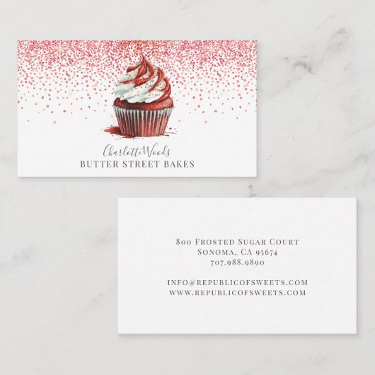 ベーカー菓子シェフレッドベルベットカップケーキピンクグリッター 名刺 (正面/裏面)