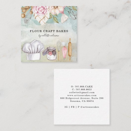 ベーカー菓子シェフ水彩ベーキング用具 スクエア名刺 (正面/裏面)