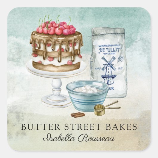 ベーカー菓子シェフ水彩製品ラベル スクエアシール (正面)
