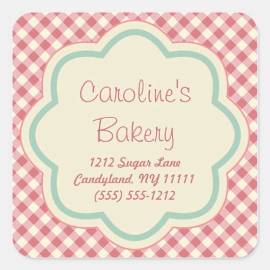 ベーキングおよびベーカリーのブティックのステッカー、ピンクのギンガム スクエアシール (正面)