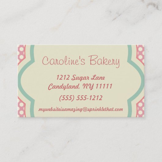 ベーキングおよびベーカリーのブティック、ピンクの水玉模様 名刺 (正面)