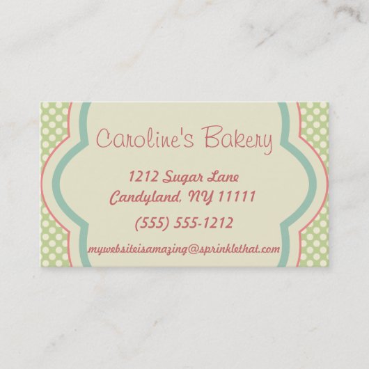 ベーキングおよびベーカリーのブティック、緑の水玉模様 名刺 (正面)