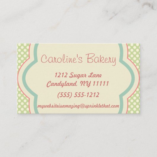 ベーキングおよびベーカリーのブティック、緑の水玉模様 名刺 (正面)