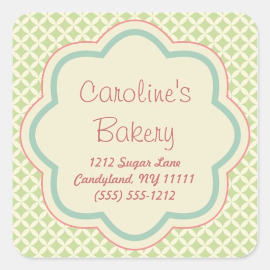 ベーキングとベーカリーブティックステッカーグリーンパターン スクエアシール (正面)