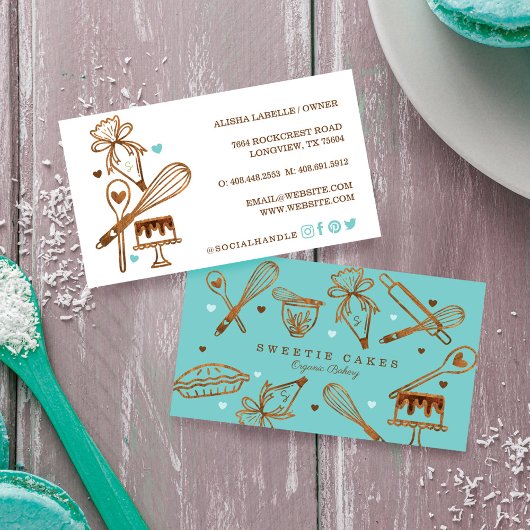 ベーキングと料理の具木目の質感と青 名刺