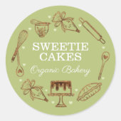 ベーキングと料理の器具の木目調と緑 ラウンドシール (正面)