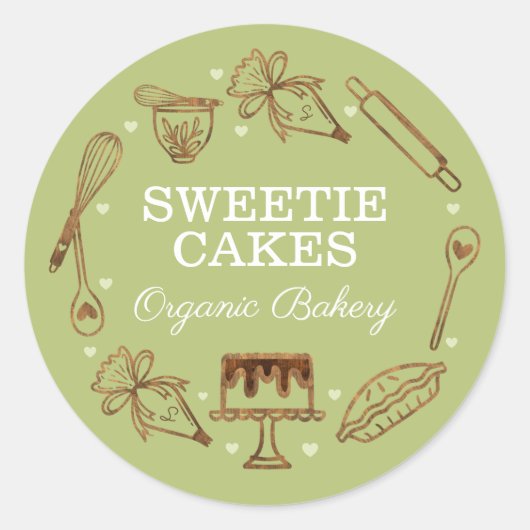 ベーキングと料理の器具の木目調と緑 ラウンドシール (正面)