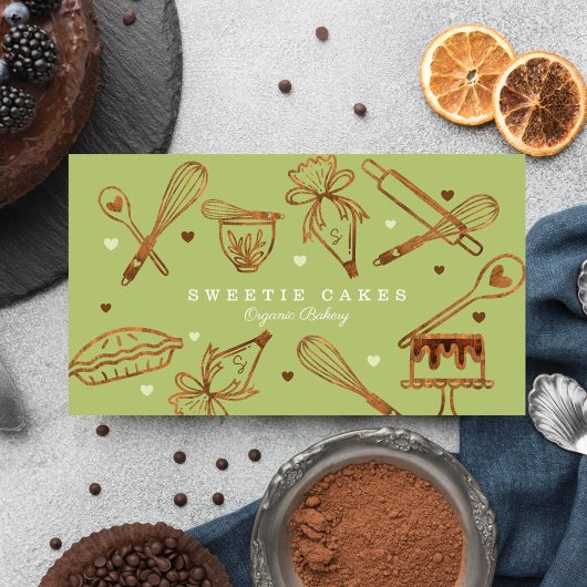ベーキングと料理の器具の木目調と緑 名刺