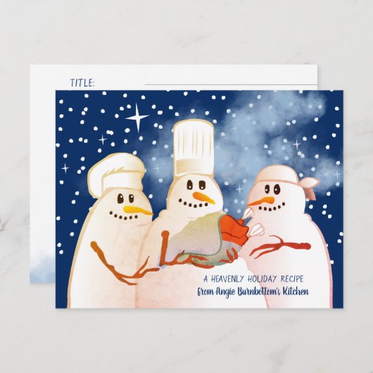 ベーキングの休日のレシピカードを調理している雪だるまのシェフ シーズンポストカード (正面/裏面)