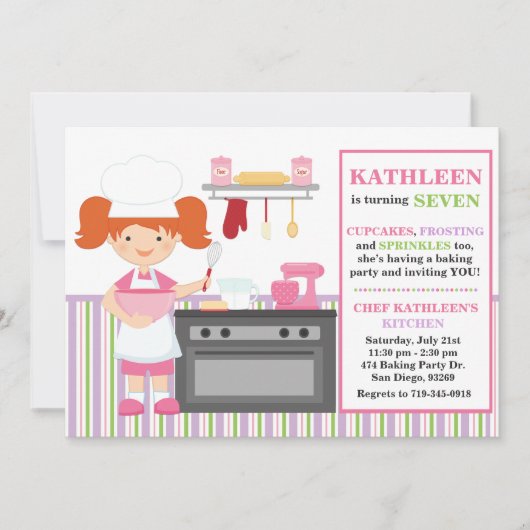 ベーキングの誕生日のパーティの招待状の赤の毛 招待状 (正面)