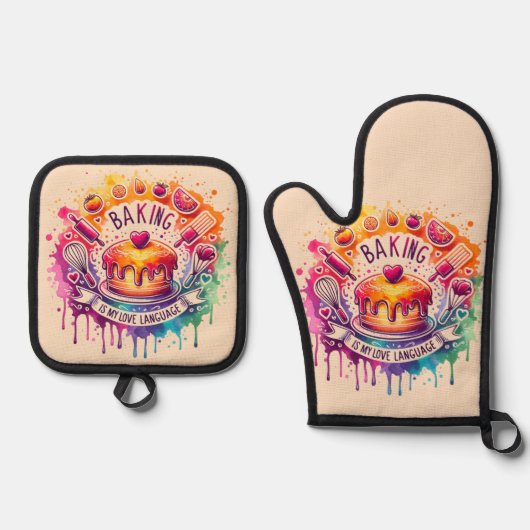 ベーキングは私の愛の言語 – ケーキ –  鍋つかみ&鍋敷きセット (正面)