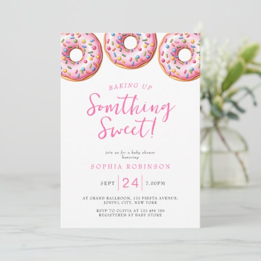 ベーキングアップサムシングスイートドーナツ女の子ベビーシャワー 招待状 (スタンド正面)