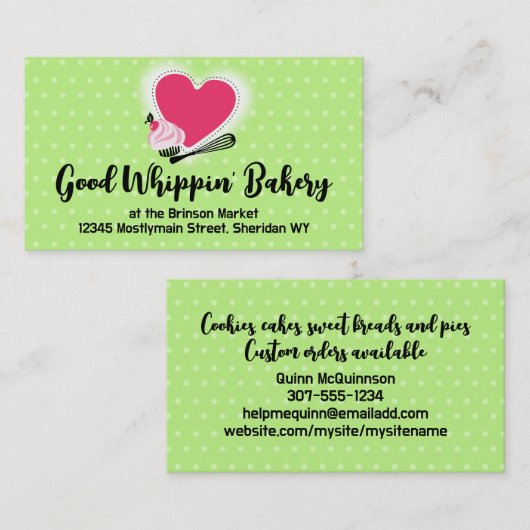 ベーキングカップケーキウィスクハート名刺グリーン 名刺 (正面/裏面)