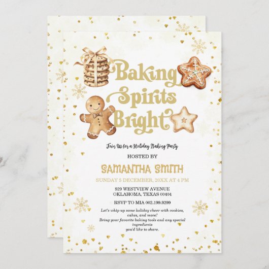 ベーキングスピリッツ明るい金ゴールドクリスマスベーキングパーティー 招待状 (正面/裏面)
