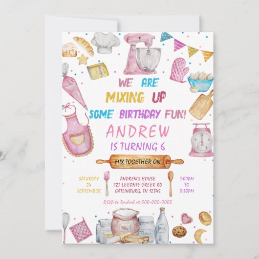 ベーキングバースデーパーティーガール料理招待状 招待状 (正面)