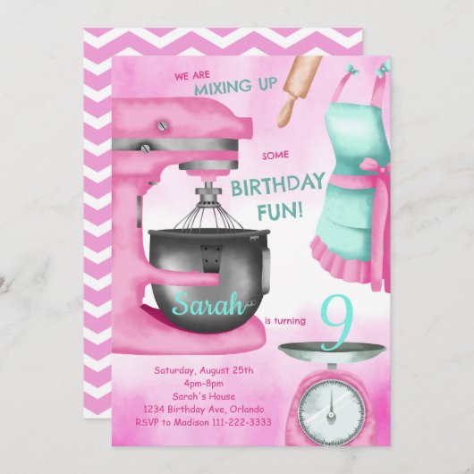 ベーキングパーティーガールズキッズ料理誕生日招待状 招待状 (正面/裏面)