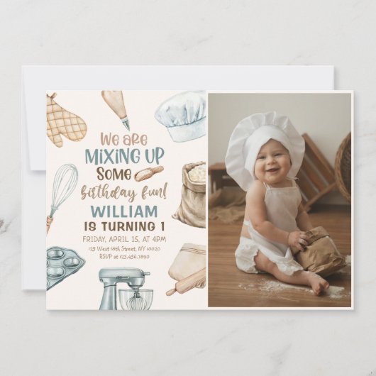 ベーキングパーティーボーイキッズ料理誕生日写真 招待状 (正面)