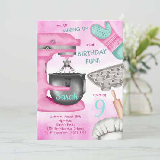 ベーキング誕生日パーティガーリー料理招待状 招待状 (スタンド正面)