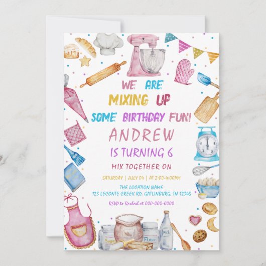 ベーキング誕生日パーティガーリー料理招待状 招待状 (正面)