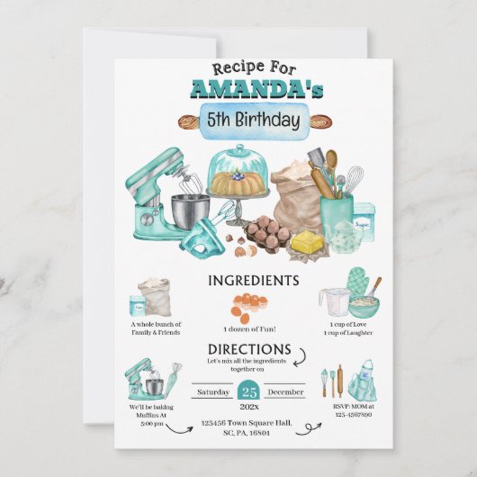 ベーキング誕生日パーティガーリー料理誕生日パーティ 招待状 (正面)