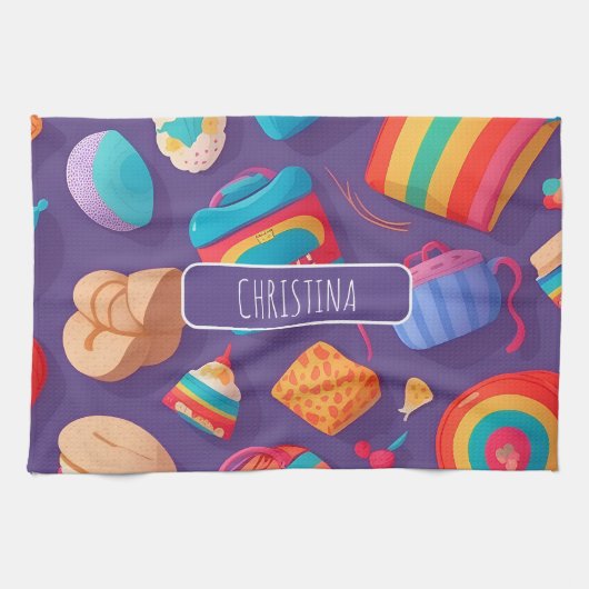 ベーグルカラフルパタパーソナライズされたーン キッチンタオル (横)
