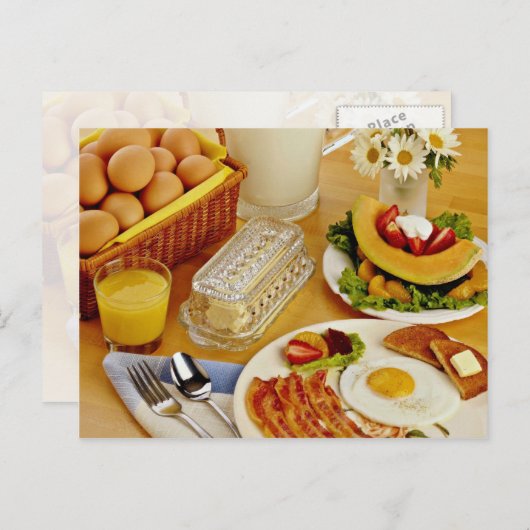 ベーコンの朝食、卵とミルクの流れのピッチャー ポストカード (正面/裏面)