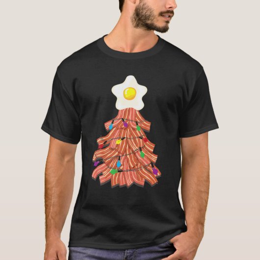 ベーコンクリスマスツリー卵トップおもしろいポーク愛好家ギフト Tシャツ (正面)