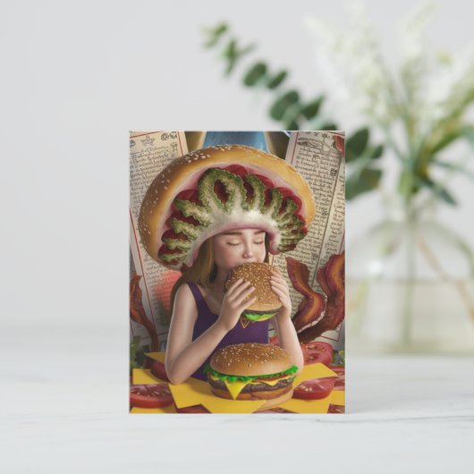 ベーコン風変わりチーズバーガーを持つ超現実的な少女 ポストカード (スタンド正面)