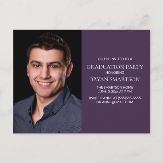 ベーシックパープル卒業パーティフォト招待状 インビテーションポストカード (正面)