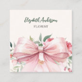 ベージクリームピンクボウ花QRコードソーシャルメディア スクエア名刺 (正面)