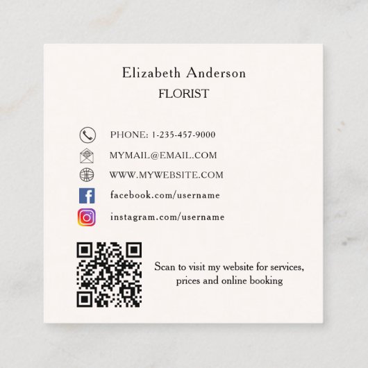 ベージクリームピンクボウ花QRコードソーシャルメディア スクエア名刺 (裏面)