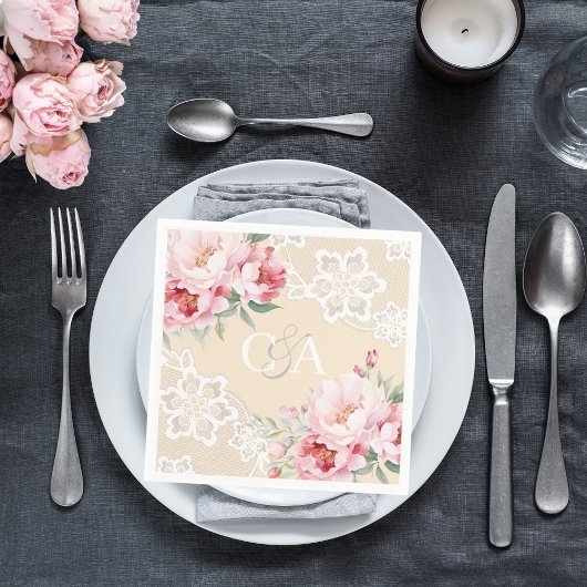 ベージクリームピンクローズ花模様モノグラム結婚ズ スタンダードカクテルナプキン