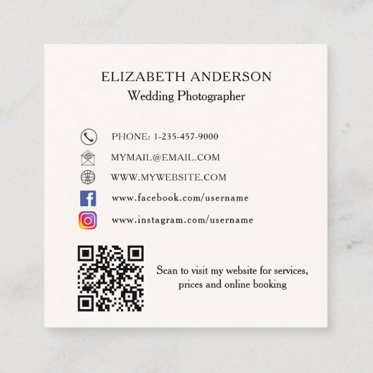 ベージクリームボウQRコードSNS スクエア名刺 (裏面)