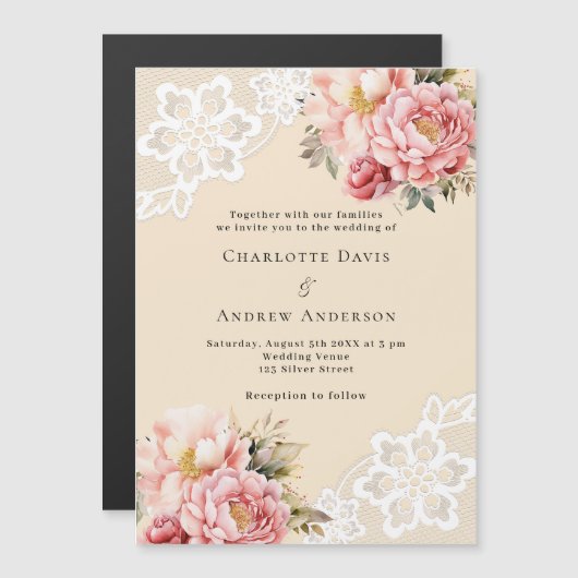 ベージピンクのローズ金ゴールド花模様レース結婚プレミアム マグネット招待状 (正面/裏面)